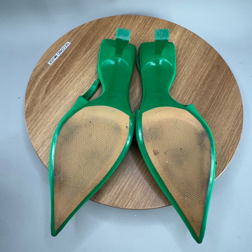 Zara Green Slingback Pointed Toe Heels Size 37 Vibrant Chic Modern Pumps - Picture 7 of 9